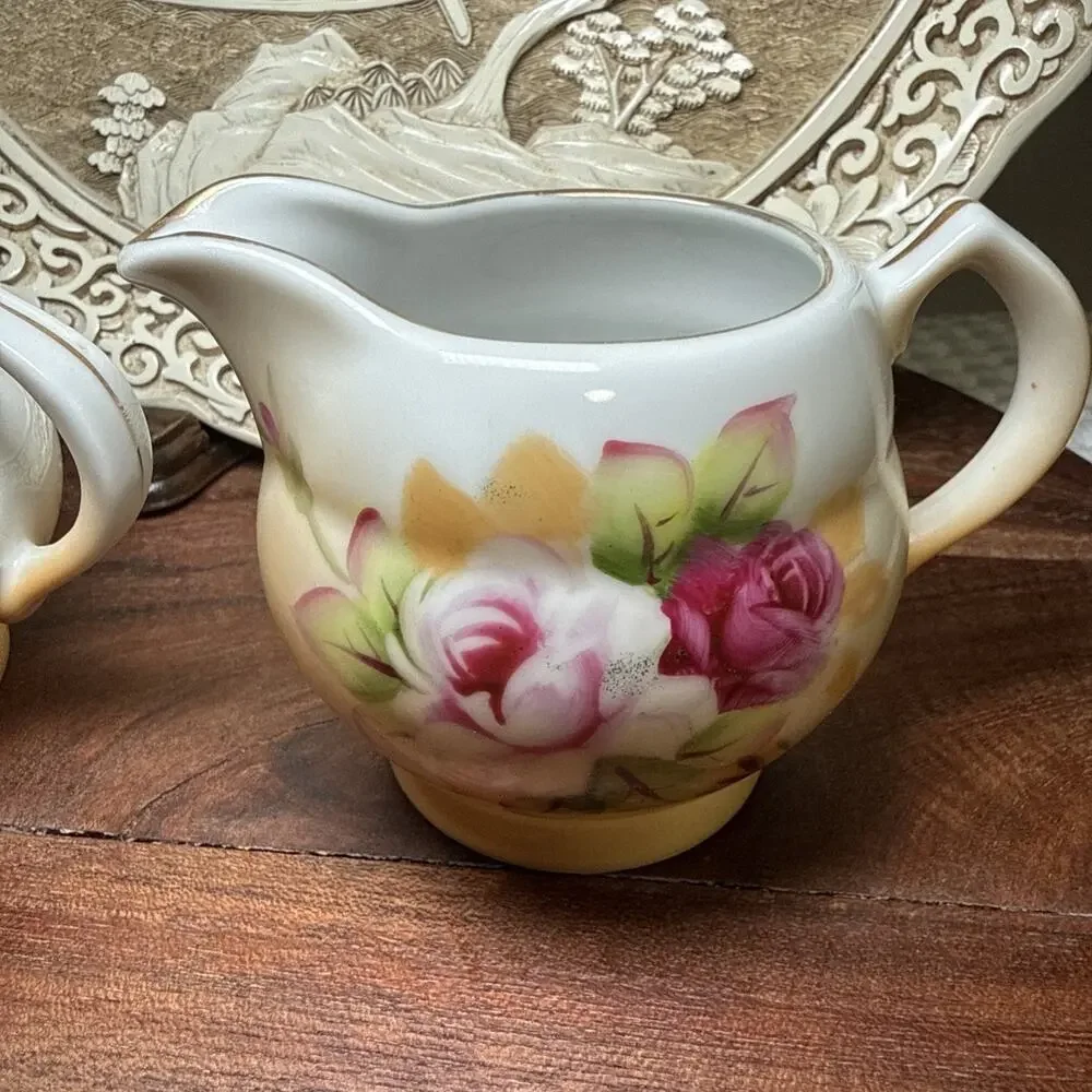 Hand Painted Porcelain Creamer Sugar Bowl Pink Roses Gold Trim Set Vintage